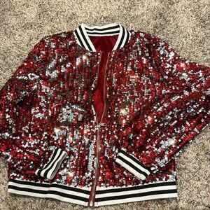 Medium Sequin zipper jacket, red & silver sequins w black & white striped band,